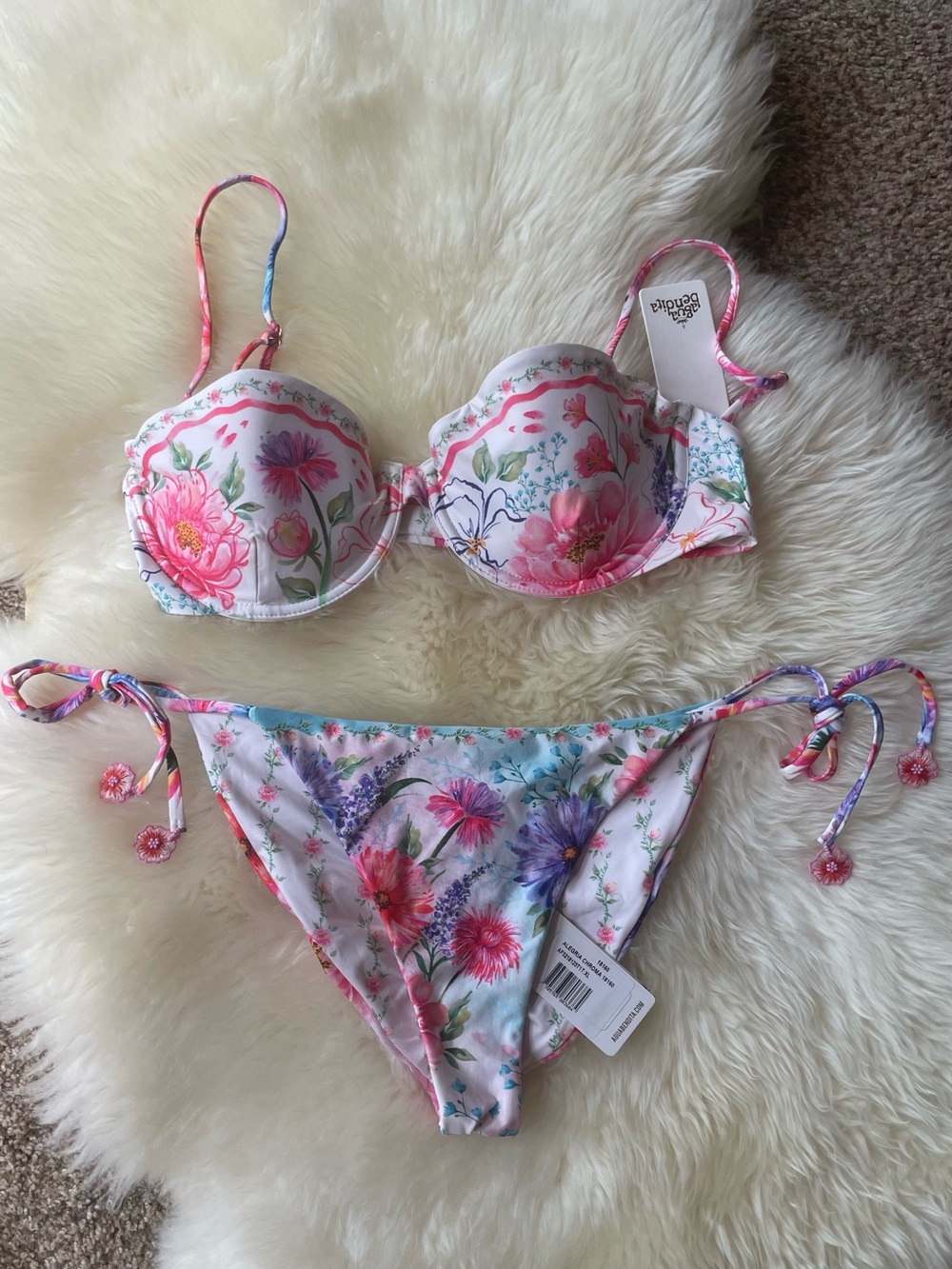 Agua Bendita Chroma White Floral Pink & Purple Tie-Side Bikini